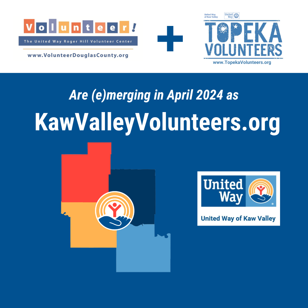 Volunteer Douglas County dot org and Topeka Volunteers dot org are emerging in April 2024 as Kaw Valley Volunteers dot org. 